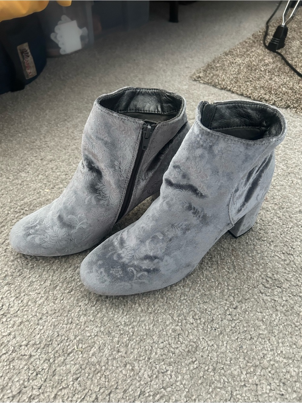 Diba Gray Velvet Floral Embossed Ankle Booties with Block Heel